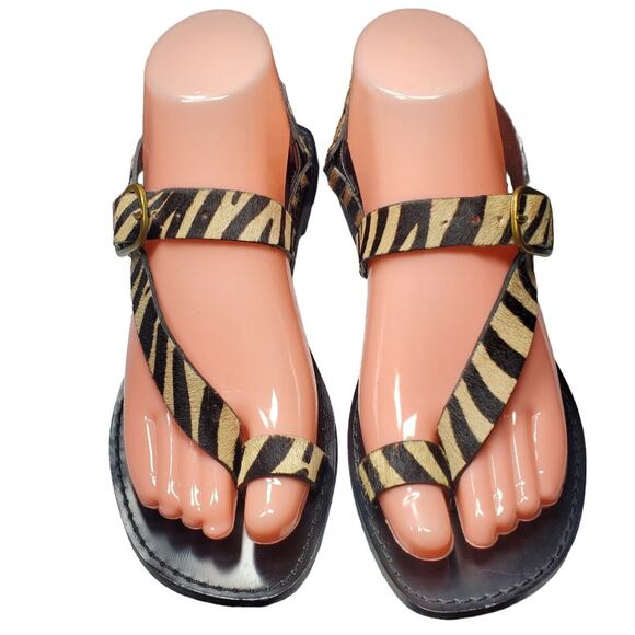 Massimo Dutti Shoes - Massimo Dutti Womens Zebra Print Leather Sandals 37 6.5 Brown Black Casual Flat